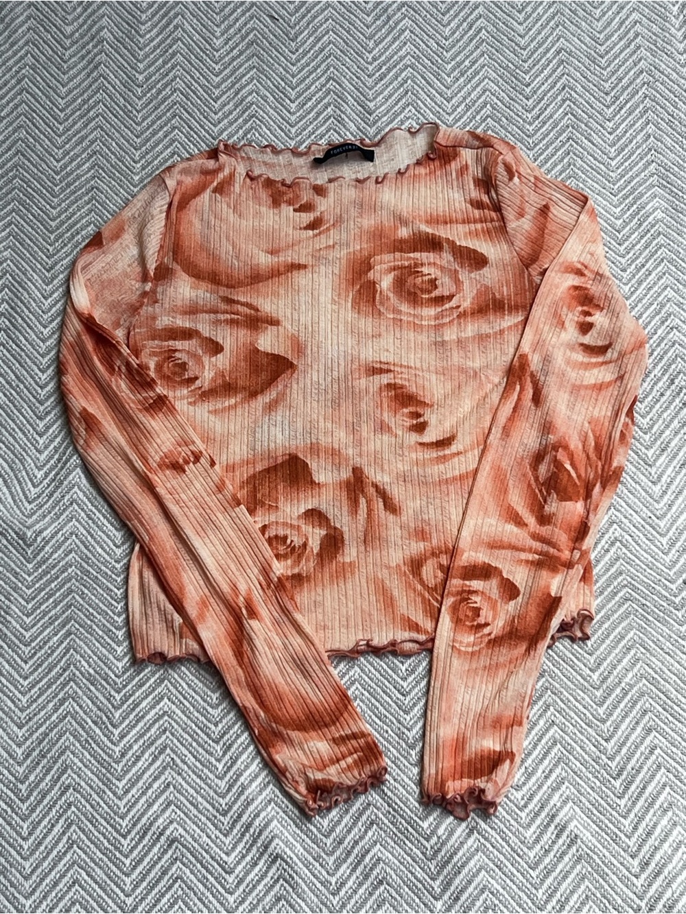 Forever 21 Peach Rose-Print Ribbed Long Sleeve Top